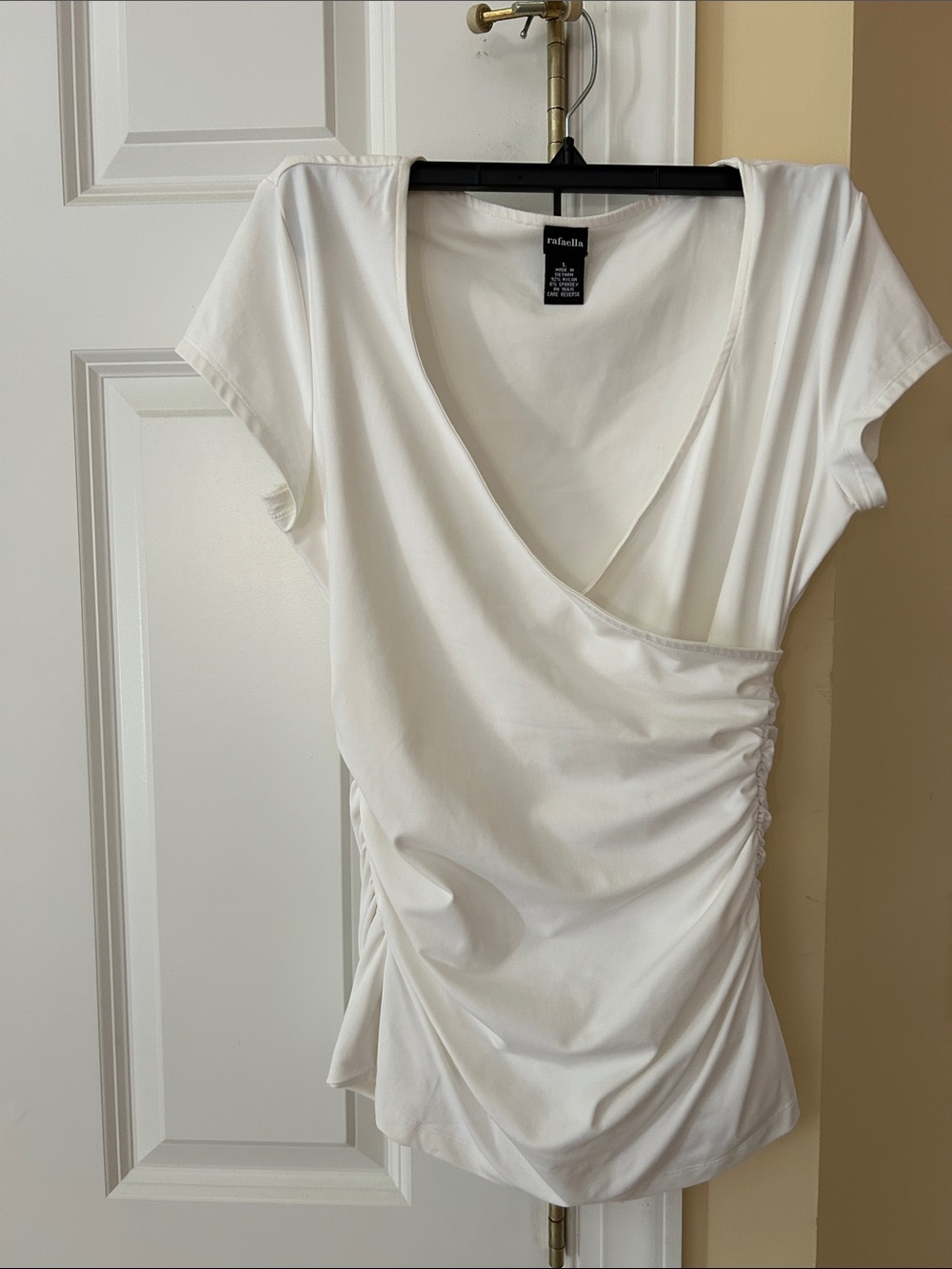 Rafaella White Short Sleeve Faux-Wrap Ruched Top